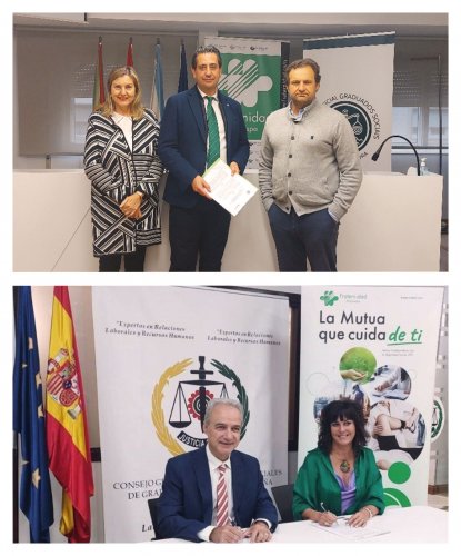 Arriba, Mercedes Vea, vicepresidenta del Colegio de Graduados Sociales de Pontevedra, Andrés Ortigueira, director de la delegación de Vigo de Fraternidad-Muprespa y Raúl Eugenio Gómez, presidente del Colegio de Graduados Sociales de Pontevedra. Debajo, Ricardo Gabaldón, presidente del Consejo General de Colegios de Graduados Sociales de España, y Natalia Fdez. Laviada, subdirectora general de Prevención, Calidad y Comunicación de Fraternidad-Muprespa durante la firma del pasado 3 de octubre