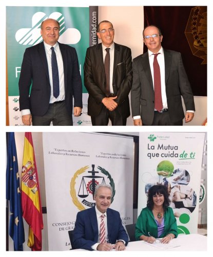Arriba, Antonio Alonso, director en funciones de Fraternidad-Muprespa en Segovia, José Luis Benito, presidente del Colegio de Graduados Sociales de Segovia, y Jacobo Baró, director territorial Noroeste de la Mutua. Debajo, Ricardo Gabaldón, presidente del Consejo General de Colegios de Graduados Sociales de España, y Natalia Fdez. Laviada, subdirectora general de Prevención, Calidad y Comunicación de Fraternidad-Muprespa, durante la firma del pasado 3 de octubre