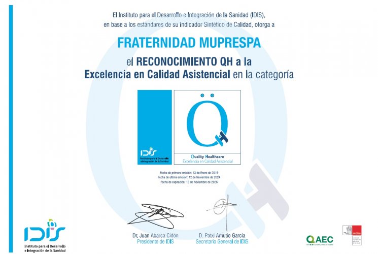 Imagen del certificado de la renovación del sello QH 2 estrellas concedido a Fraternidad-Muprespa