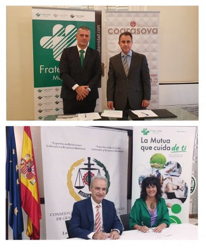 Jordi de Vicente, director provincial de Fraternidad-Muprespa en Valencia, y Vicente Vercher, decano del Excmo. Colegio Oficial de Graduados Sociales de Valencia, durante el acto de rúbrica del acuerdo en la sede del Colegio Debajo, Ricardo Gabaldón, presidente del Consejo General de Colegios de Graduados Sociales de España, y Natalia Fdez. Laviada, subdirectora general de Prevención, Calidad y Comunicación de Fraternidad-Muprespa, durante la firma del pasado 3 de octubre.